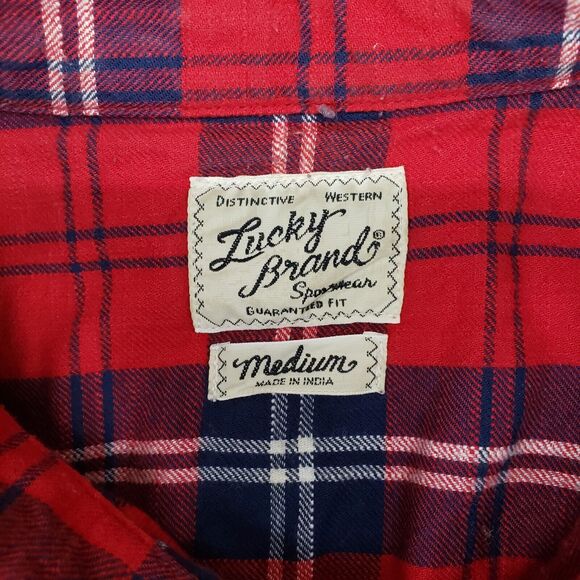 Lucky‎ Brand Pearl Snap Flannel Shirt Mens Medium Red Plaid Western Rodeo - Picture 3 of 6